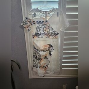 White Dress with Black and Gold Geometric Print Inspired Dress Size Xlarge